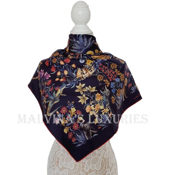 SALVATORE FERRAGAMO SCARF SIGNATURE FLOWER JUNGLE ANIMALS PRINT SILK 35" - Picture 3 of 13
